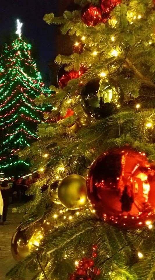 Dettaglio ravvicinato di palle di Natale rosse e dorate su un albero illuminato