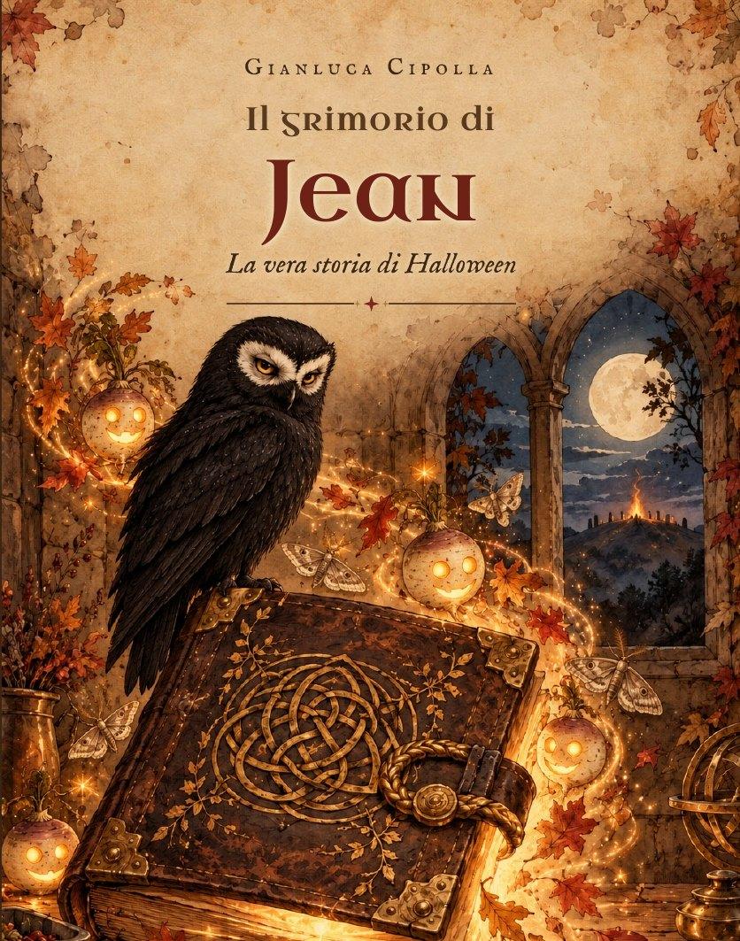 Copertina de «Il grimorio di Jean – La vera storia di Halloween»: un gufo nero con la mascherina bianca appollaiato su un antico libro di cuoio, tra zucche e rape intagliate, con una finestra sulla luna piena.