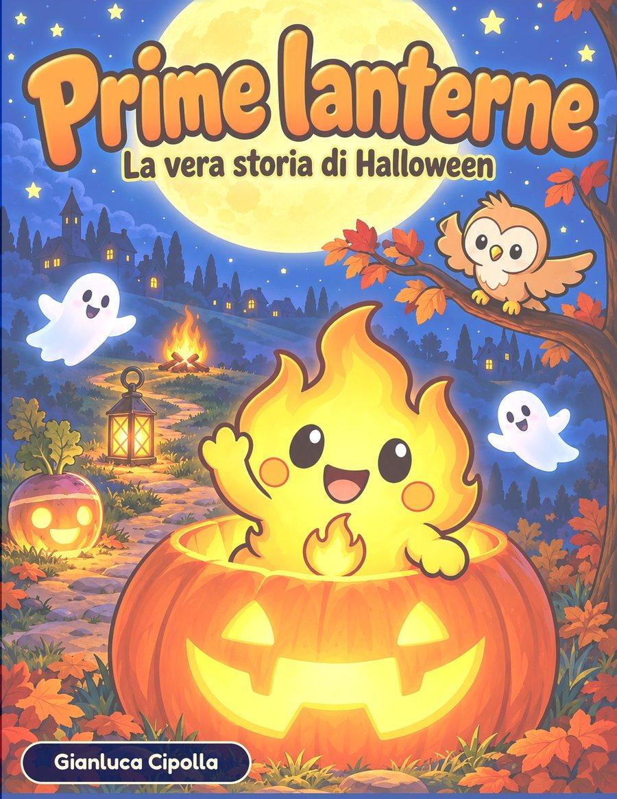 Copertina di Prime lanterne: una fiammella sorridente esce da una zucca intagliata, con fantasmini, una lanterna, una rapa illuminata e un gufetto su un ramo sotto la luna piena