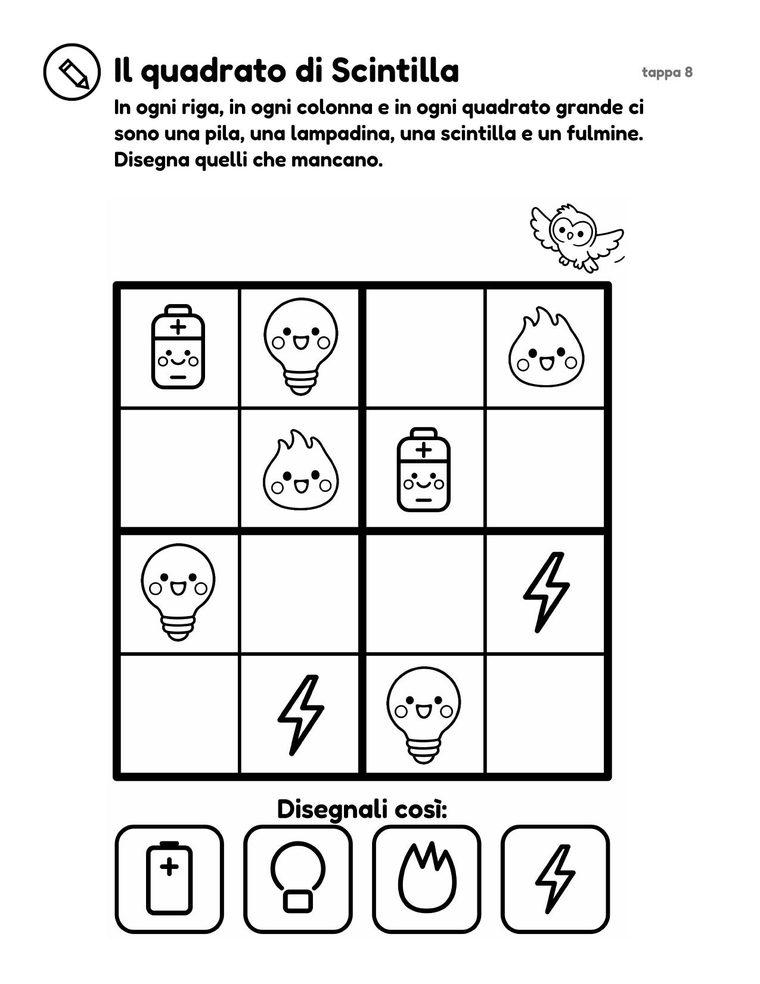 Tappa «Il quadrato di Scintilla»: un quadrato di logica con pile, lampadine, scintille e fulmini da completare