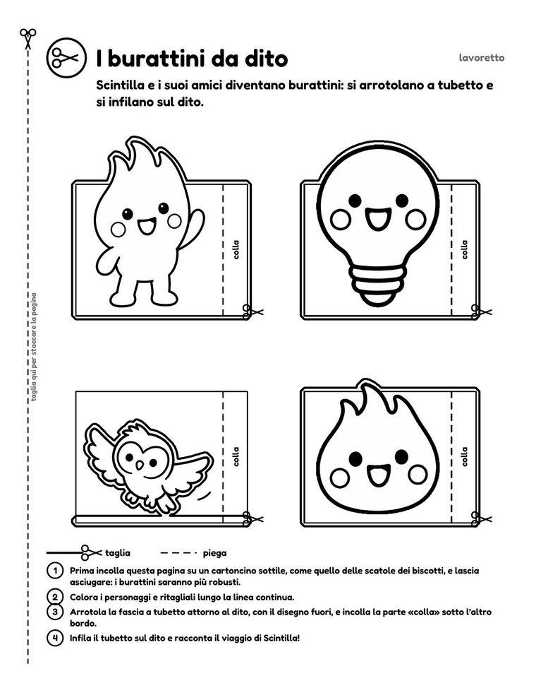 Lavoretto «I burattini da dito»: Scintilla e i suoi amici da colorare, ritagliare e chiudere a tubetto