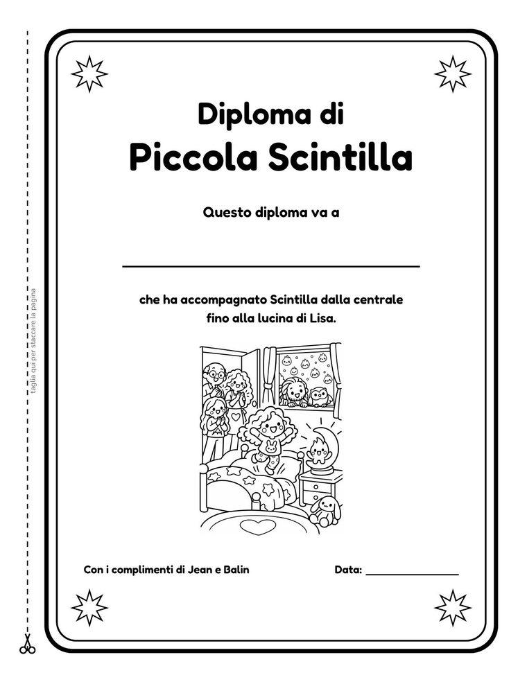 Il diploma di Piccola Scintilla da compilare alla fine del viaggio