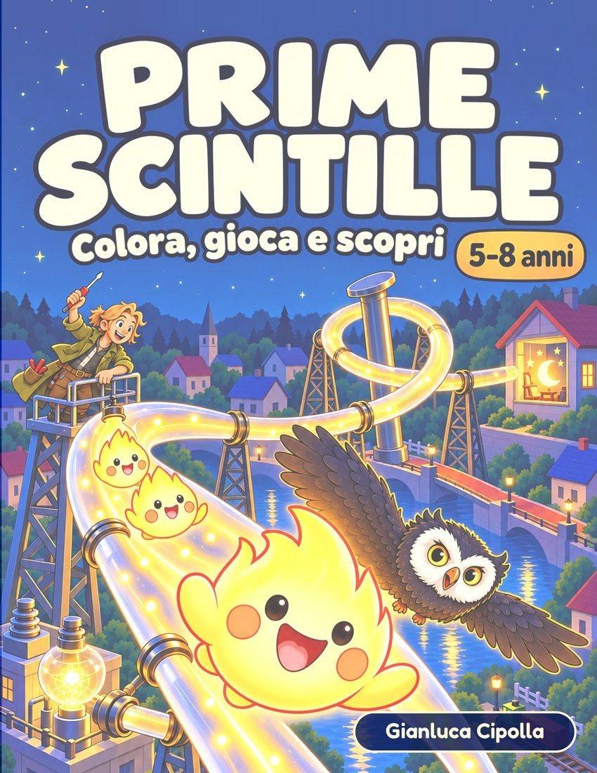 Copertina di Prime Scintille: Scintilla, una fiammella gialla sorridente, scivola lungo un filo luminoso fra i tralicci, con Jean in cima a un traliccio e la gufa Balin in volo verso una casa con la finestra accesa