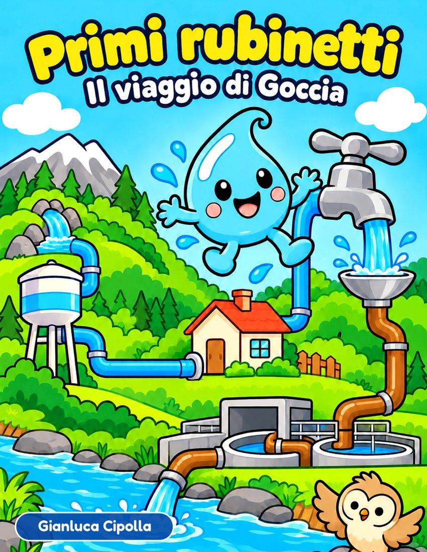 Copertina di Primi rubinetti: Goccia, una gocciolina sorridente, salta fuori da un rubinetto, con la torre dell'acqua, i tubi, una casa, il depuratore e il fiume