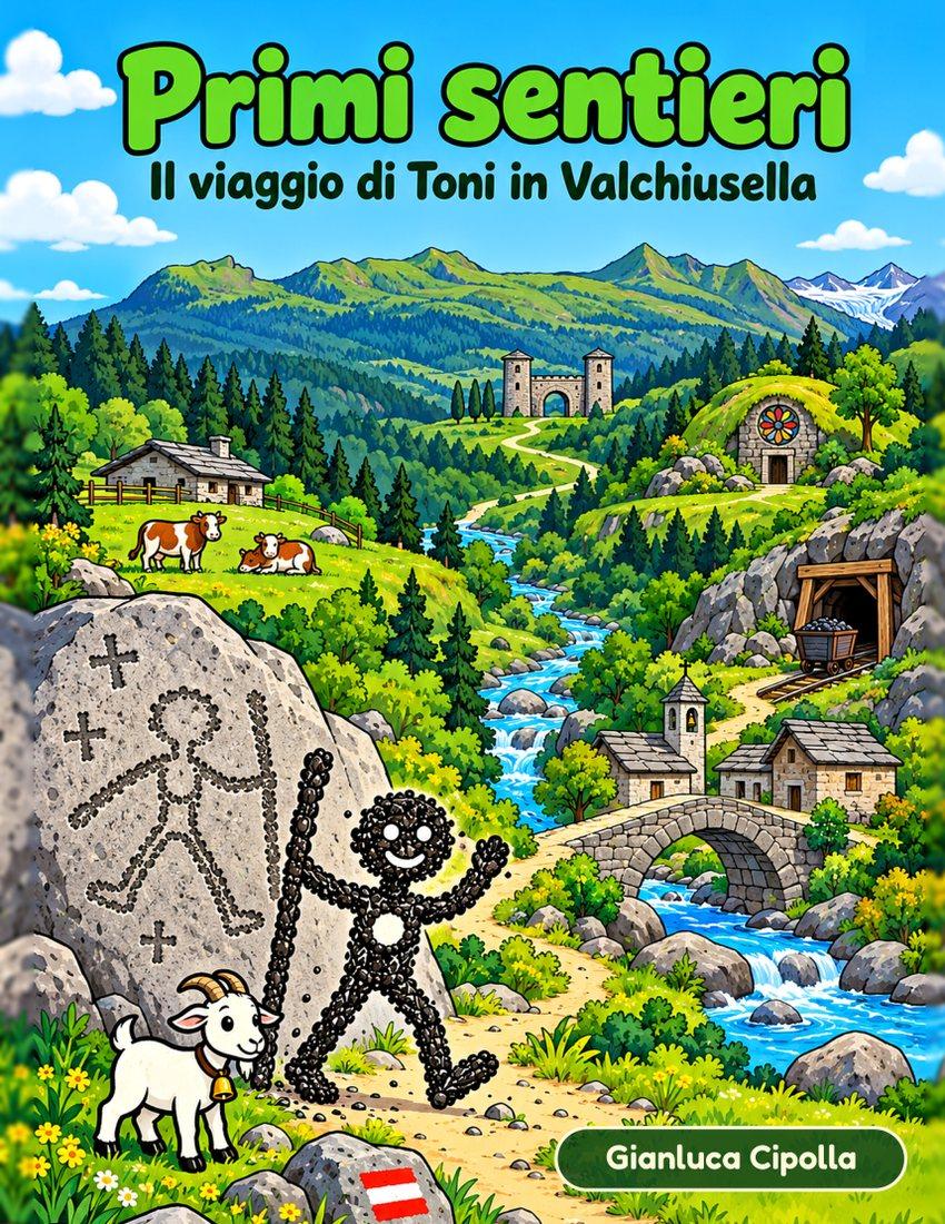 Copertina di Primi sentieri: Toni, l'omino di pietra, si stacca dal masso inciso con una capretta, e dietro di lui la Valchiusella con il ponte di pietra, la miniera, gli alpeggi e le montagne