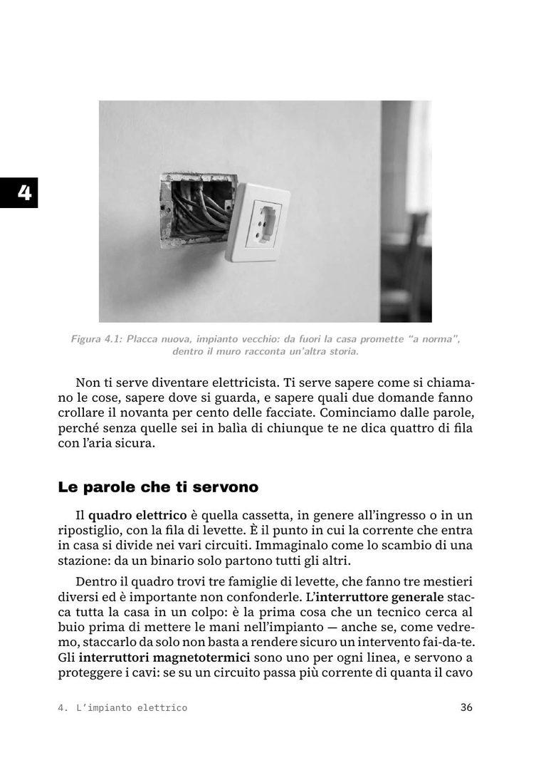 Pagina del capitolo 4 con la fotografia di una placca nuova su un impianto vecchio e «Le parole che ti servono»