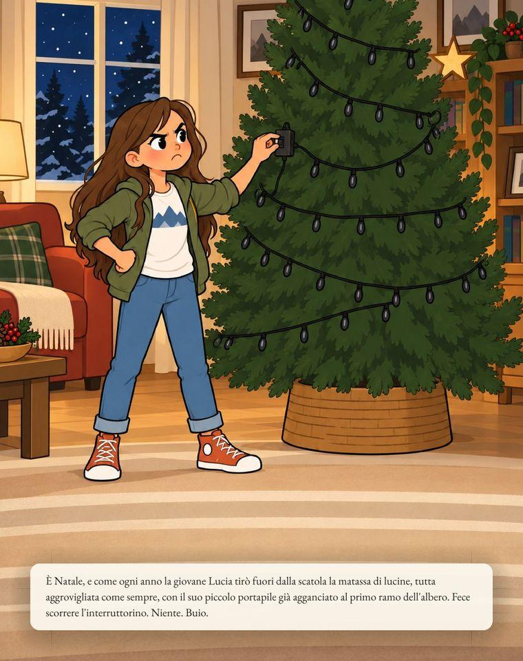 Pagina illustrata a piena pagina: Lucia davanti all'albero di Natale con le lucine spente