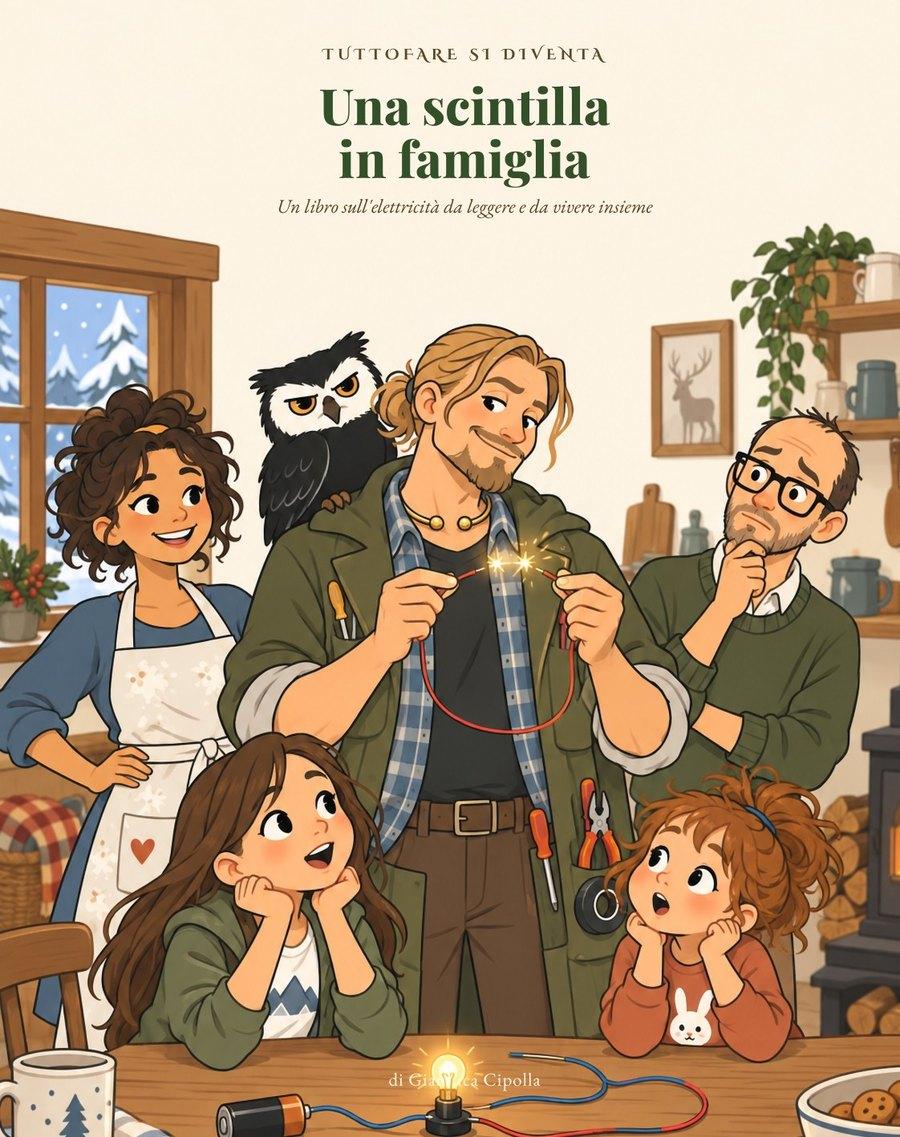 Copertina di Una scintilla in famiglia: Jean con la gufa Balin sulla spalla fa scoccare una scintilla fra due fili, circondato dalla famiglia in cucina