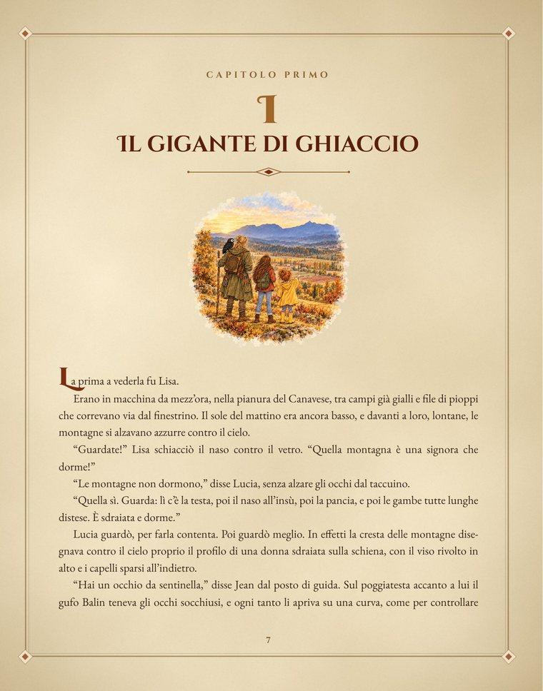 Apertura del capitolo primo, «Il gigante di ghiaccio», con il capolettera e l'inizio della storia in viaggio verso la valle