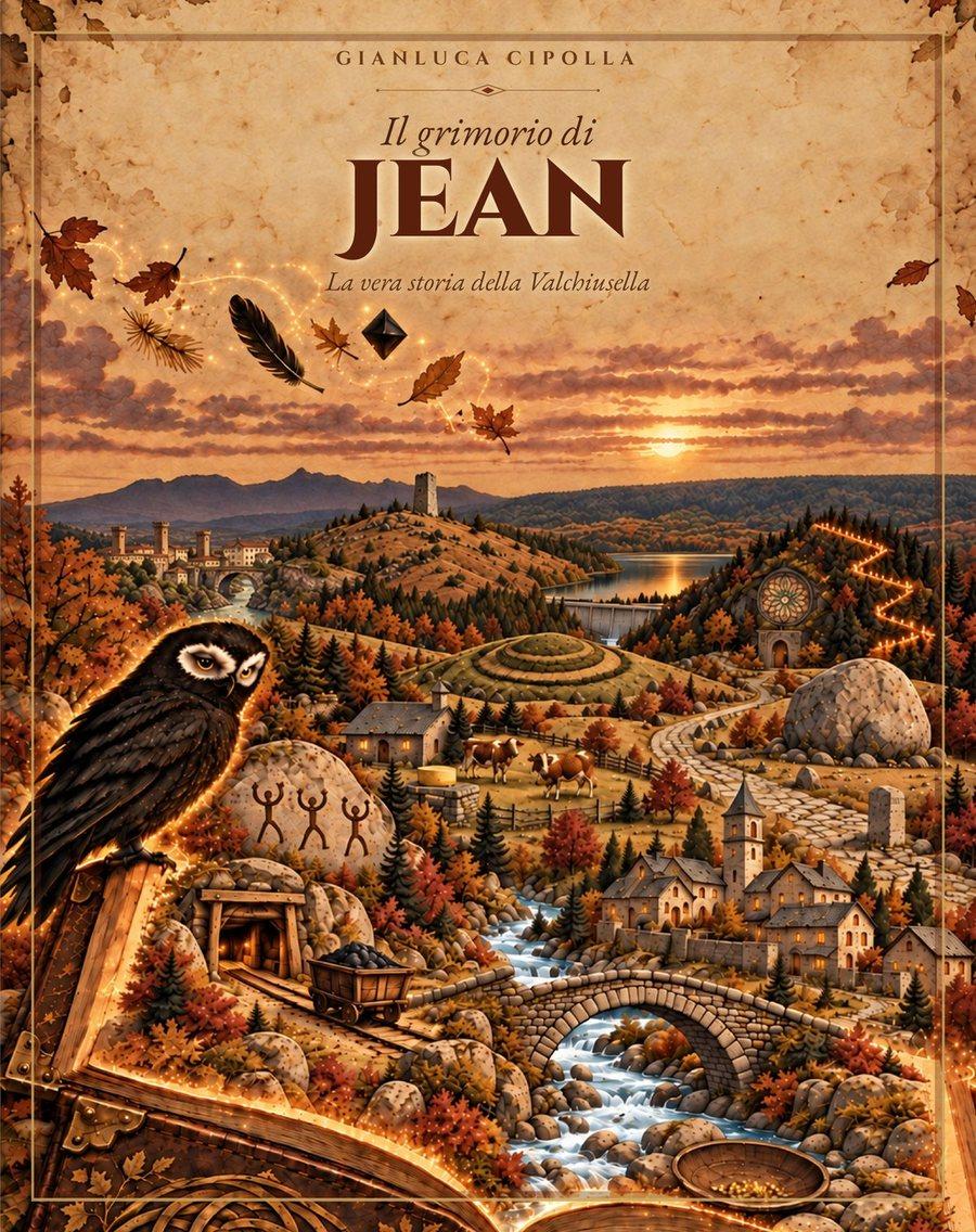 Copertina de «Il grimorio di Jean – La vera storia della Valchiusella»: il gufo Balin su un libro aperto da cui esce la valle, con incisioni rupestri, una miniera, un ponte di pietra e un borgo al tramonto